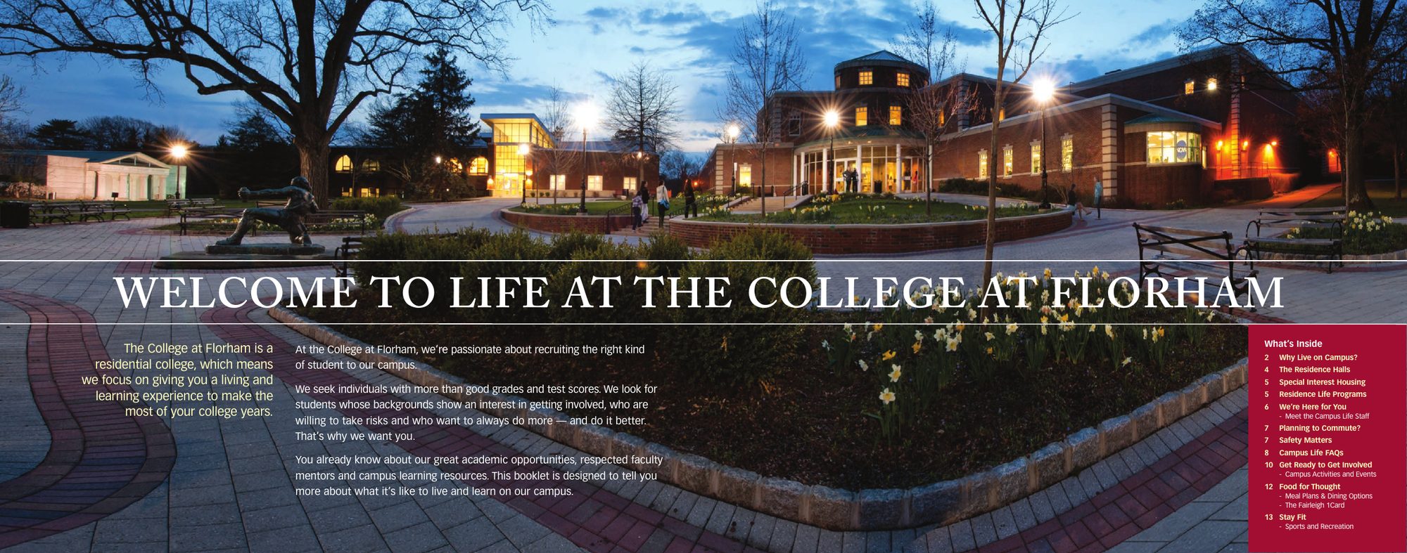 Fairleigh Dickinson University Welcome to Life at the College at Florham guide spread designed by A to Z