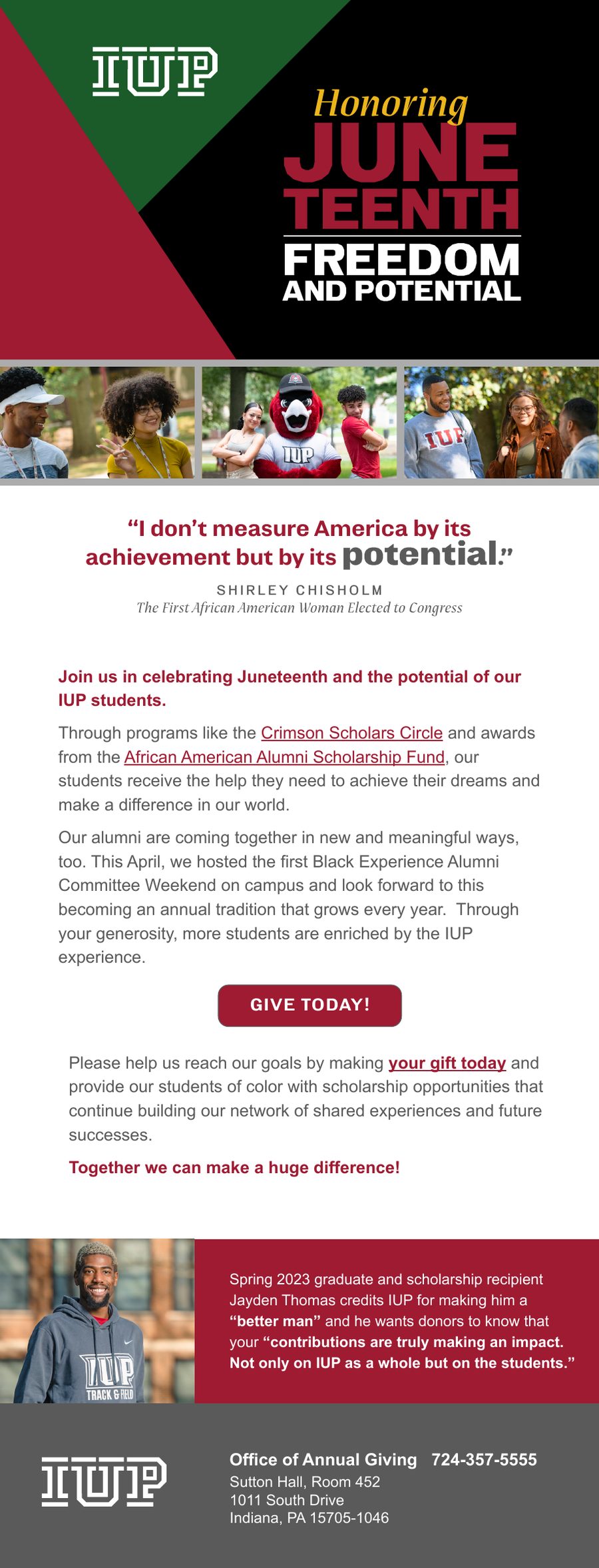 IUP Honoring Juneteenth annual giving email designed by A to Z
