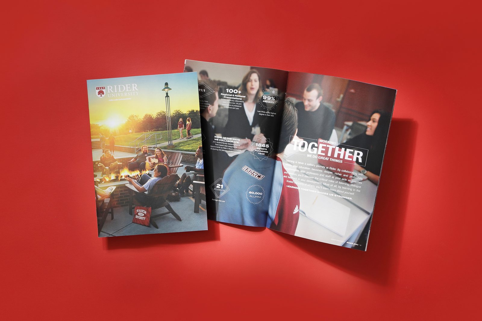 Rider University admissions viewbook cover and spread designed by A to Z Rider University admissions viewbook cover and spread designed by A to Z